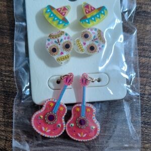 Colorful Skull and Guitar Earrings Set